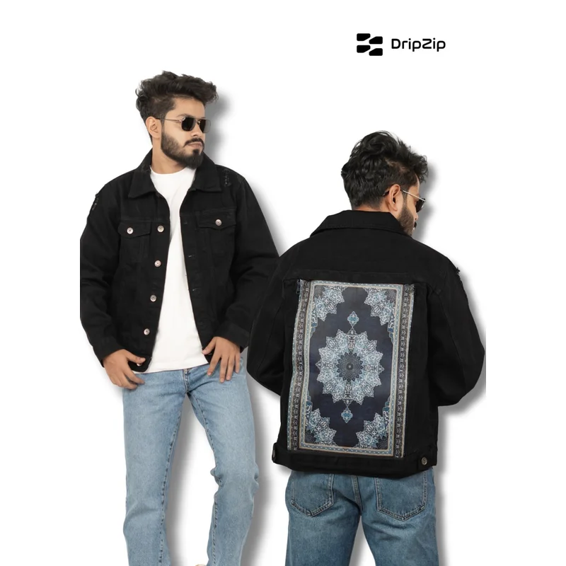 Black Denim Jacket - Blue Pattern